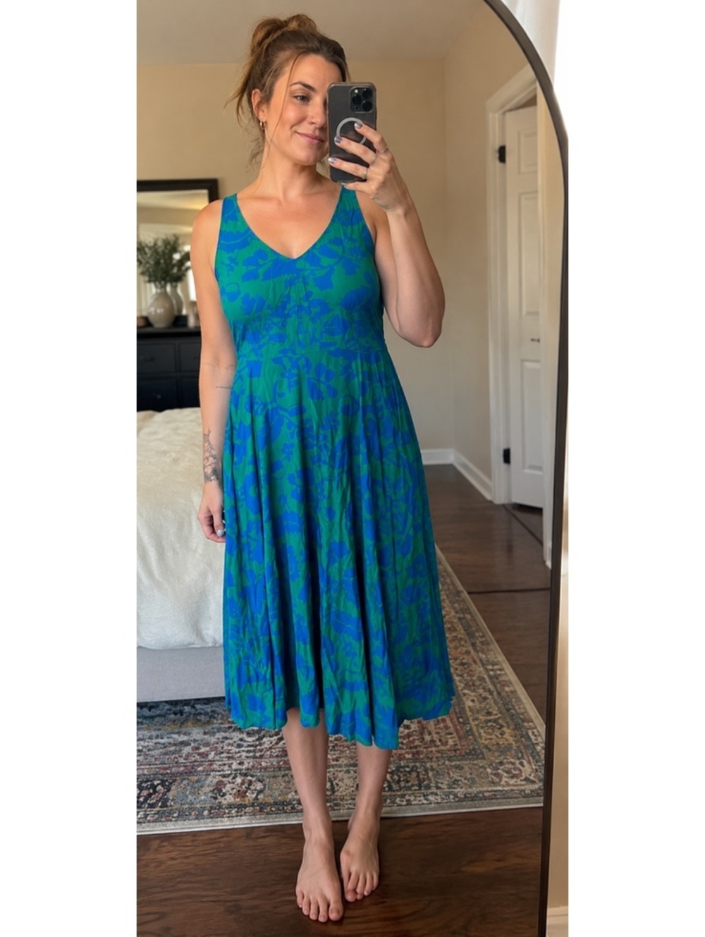Boden Blue Green Floral Viscose Midi Dress Sleeveless V Neck US 10R
